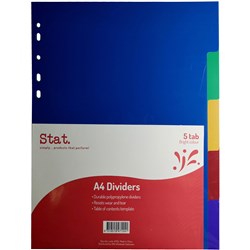 STAT DIVIDERS A4 5 TAB PP Assorted 