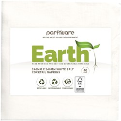 Earth Eco Cocktail Napkin  2 Ply White 240x240mm  40 Sheets