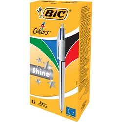 BIC 4 COLOUR BALLPOINT PENS Retractable Shine Pack of 12 