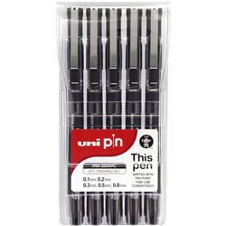 UNI PIN 200 FINE LINER PEN 5 Assorted Sizes Black 