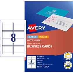 AVERY C32015-25 BUSINESS CARDS I/Jet Dbl Sided 8/Sht Matt Wht Pack of 200