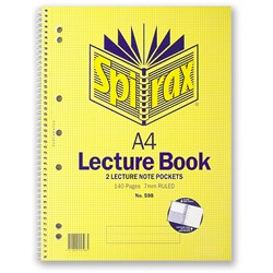 SPIRAX 598 SPIRAL LECTURE BOOK A4 140 Page Pocketed 