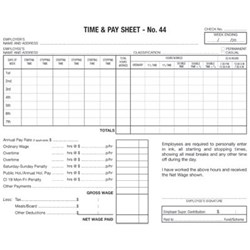 ZIONS 44 TIME SHEETS Hotel Employee Pack of 100