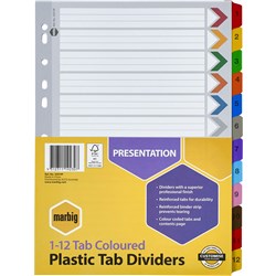 MARBIG DIVIDERS A4 1-12 TAB PP Reinfored Coloured 