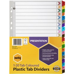 MARBIG DIVIDERS A4 1-20 TAB PP Reinforced Coloured