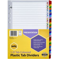 MARBIG DIVIDERS A4 1-31 TAB PP Reinforced Coloured