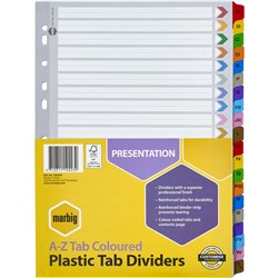 MARBIG DIVIDERS A4 A-Z TAB PP Reinforced Coloured