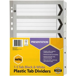 MARBIG DIVIDERS A4 1-5 TAB Reinforced Black & White 