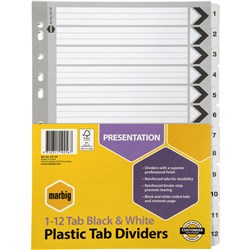 MARBIG DIVIDERS A4 1-12 TAB Reinforced Black & White