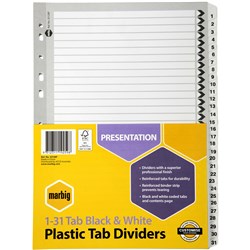 MARBIG DIVIDERS A4 1-31 TAB Reinforced Black & White