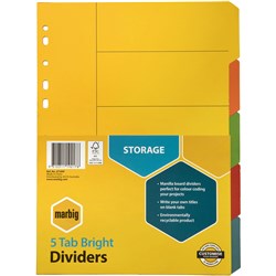 MARBIG DIVIDERS A4 5 TAB Manilla Bright Coloured 