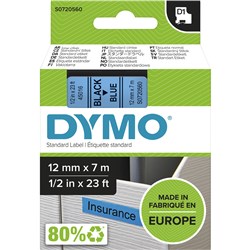 DYMO D1 LABEL CASSETTE 12mm x 7m -Black on Blue 