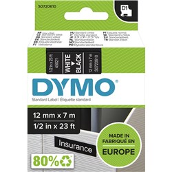 DYMO D1 LABEL CASSETTE 12mm x 7m - White on Black 