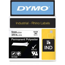 DYMO RHINO INDUSTRIAL LABEL TAPE Permanent Poly 9mm x 55m WHITE