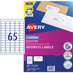 AVERY MAILING LASER LABELS  L7651 65 UP 38.1x21.2mm Box of 100