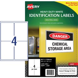 AVERY L7069 DURABLE H/D LABEL Laser 4/Sht 99.1x139mm Wht Pack of 100