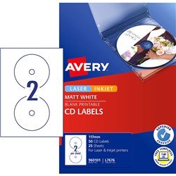 AVERY L7676 MEDIA LASER LABELS B&W CD/DVD 117mm 2/Sht Pack of 50