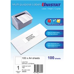 UNISTAT LASER/INKJET LABELS Copier 1UP 297x210mm Box of 100