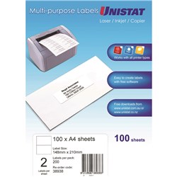 UNISTAT LASER/INKJET LABELS Copier 2UP 148x210mm Box of 100