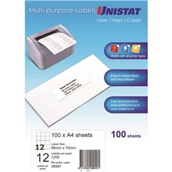 UNISTAT LASER/INKJET LABELS 12UP 68x700mm White Box of 100