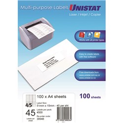 UNISTAT LASER/INKJET LABELS 45UP 51x15mm White Box of 100