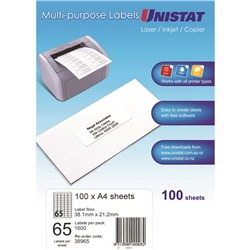 UNISTAT LASER/INKJET LABELS 65 UP 38.1x21.2mm White Box of 100