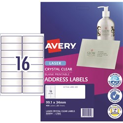 AVERY L7562 CLEAR LASER LABELS Quick Peel 16UP 99.1x33.9mm Pack of 25