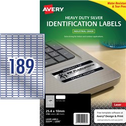 AVERY L6008 DURABLE H/D LABEL Laser 189/Sht 25.4x10 Slvr Met Pack of 3780