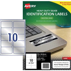 AVERY L6012 DURABLE H/D LABEL Laser 10/Sht 96x50.8 Slvr Met Pack of 200