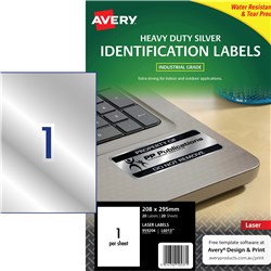 AVERY L6013 DURABLE H/D LABEL Laser 1/Sht 210x298 Slvr Met Pack of 20